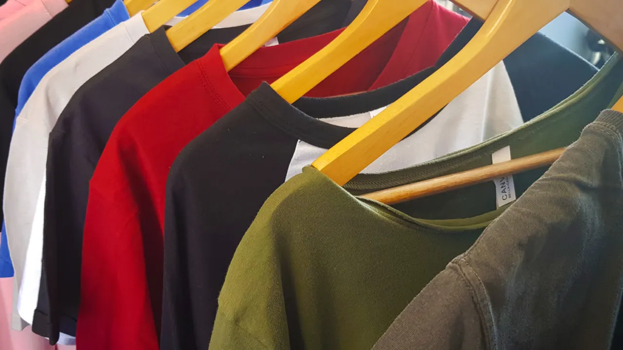 A rail of plain t-shirts in red, navy, white, olive and pink on wooden hangers in the Teepig shop