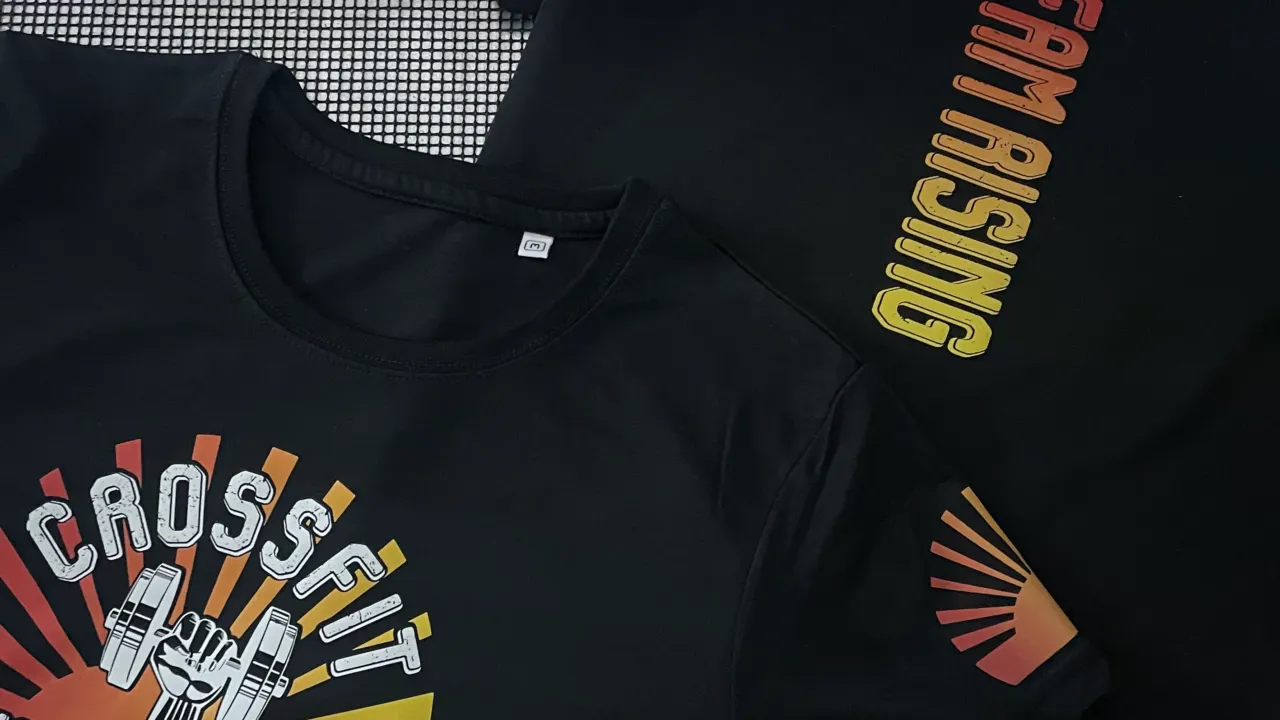 Black Crossfit team t-shirts with a full colour chest print and a sleeve print