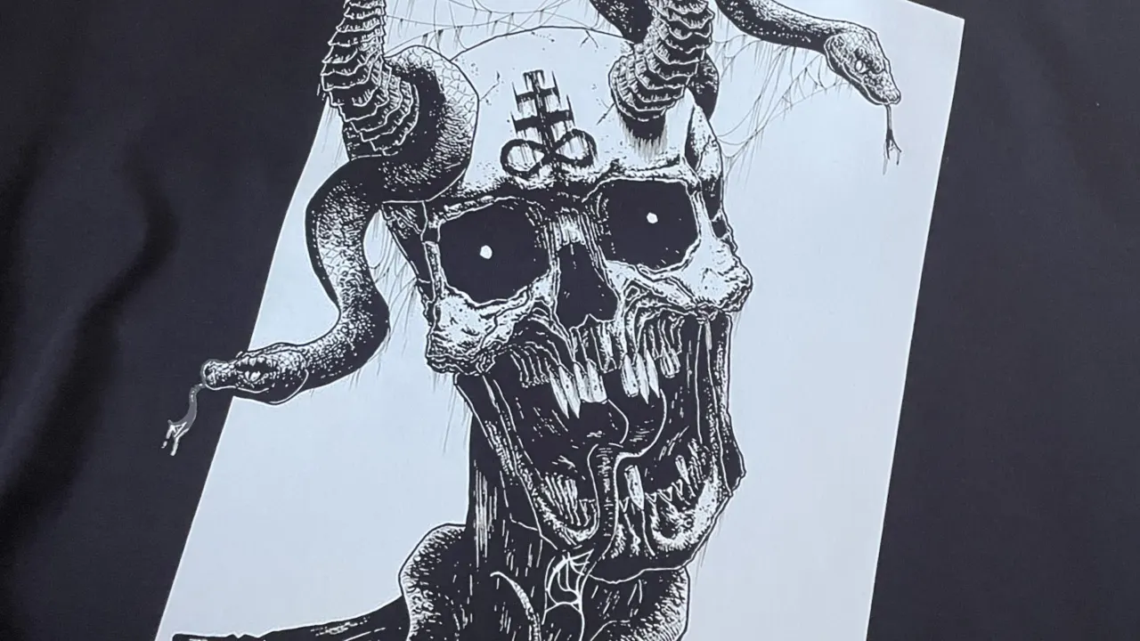 White skull and snake artwork printed on a black t-shirt