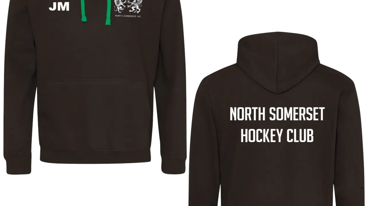 Black and green North Somerset Hockey Club hoodie with initials on the front and the club name on the back